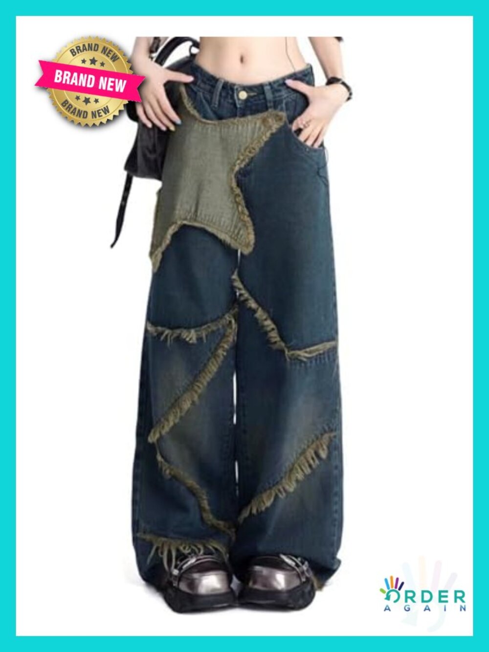 Womens Baggy Wide Leg Cargo Jeans Y2K Star Emo Streetwear Pants